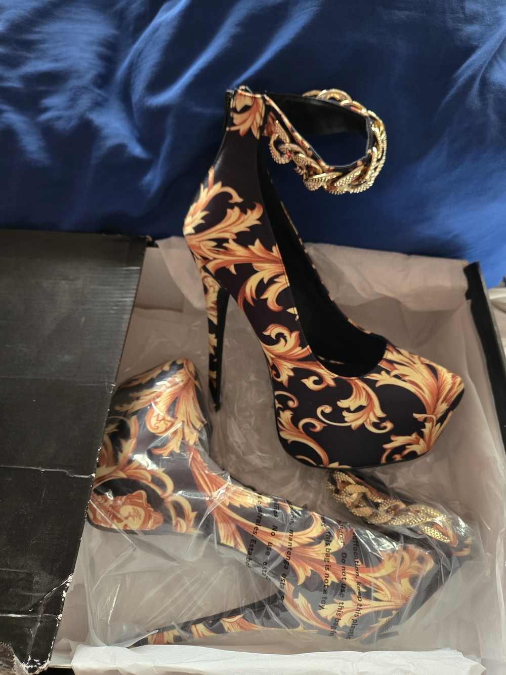 Shoe Dazzle Black and Gold Baroque-print Platform Ankle-Strap Pumps